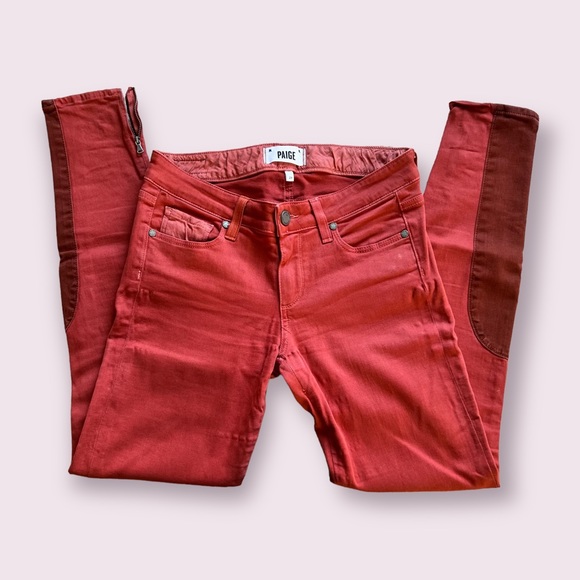 👖PAIGE Jeans Orange Ankle Zip Skinny Jeans with patches - Picture 2 of 7
